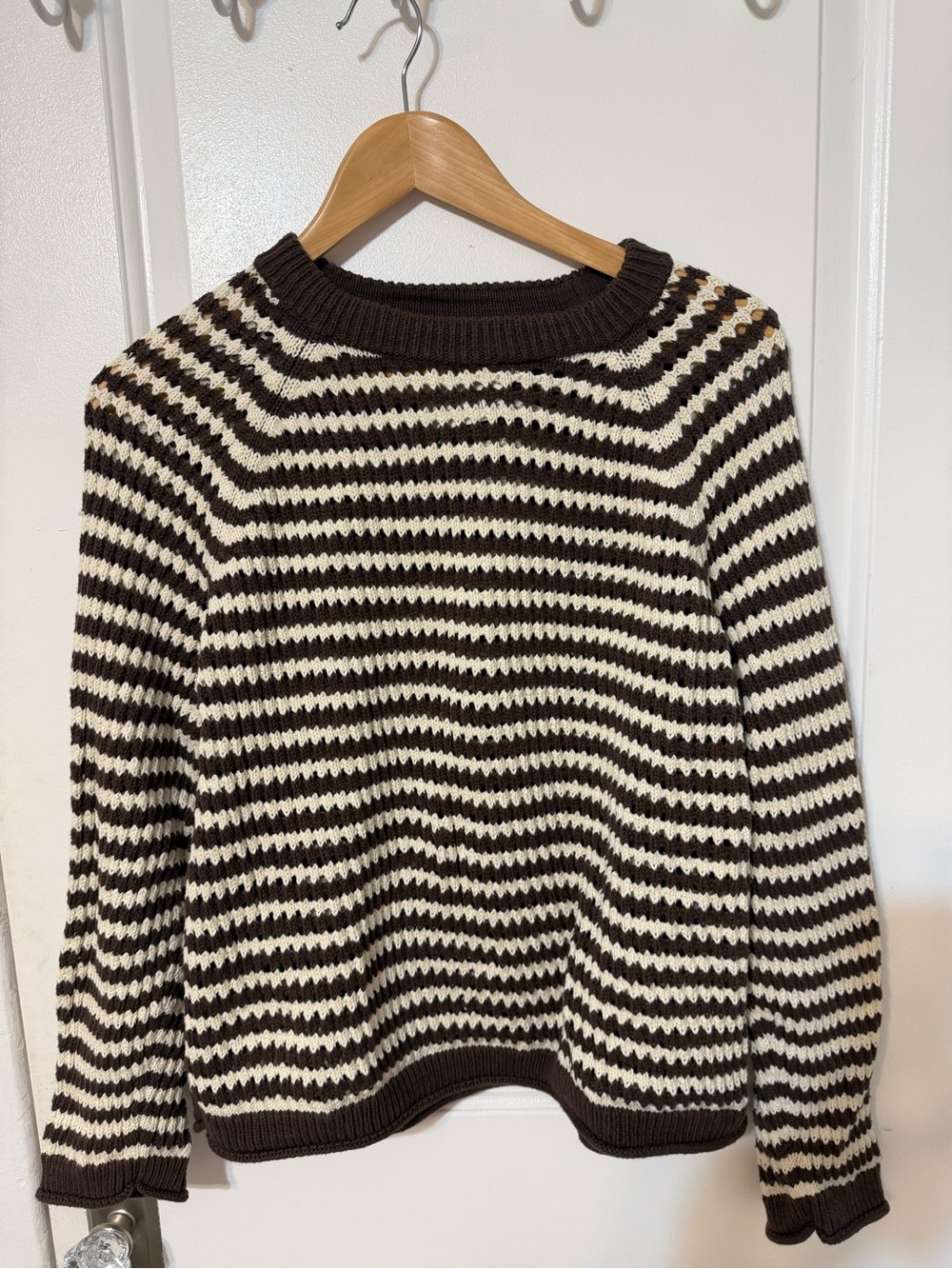 Abercrombie & Fitch Brown and Cream Striped Crochet Crewneck Sweater